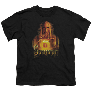 Black youth t-shirt for ages 8 to 12 with Lord of the Rings Saruman graphic
