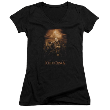 Black juniors v-neck t-shirt with Lord of the Rings Riders Of Rohan graphic