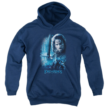 Navy youth hoodie for ages 8 to 12 with Lord of the Rings King In The Making graphic