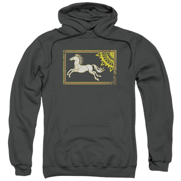 Charcoal pullover hoodie with Lord of the Rings Rohan Banner graphic