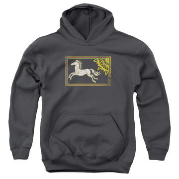 Charcoal youth hoodie for ages 8 to 12 with Lord of the Rings Rohan Banner graphic