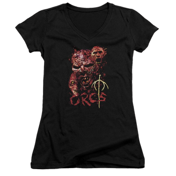 Black juniors v-neck t-shirt with Lord of the Rings Orcs graphic