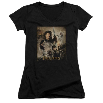Black juniors v-neck t-shirt with Lord of the Rings Rotk Poster graphic