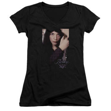 Black juniors v-neck t-shirt with Lord of the Rings Arwen graphic