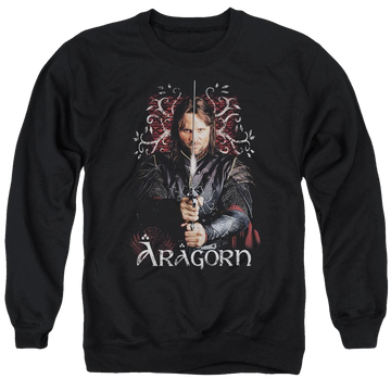 Black men's crewneck sweatshirt with Lord of the Rings Aragorn graphic