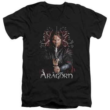 Black men's v-neck t-shirt with Lord of the Rings Aragorn graphic