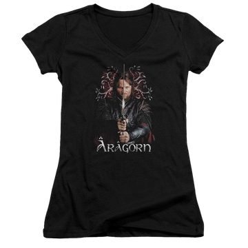 Black juniors v-neck t-shirt with Lord of the Rings Aragorn graphic