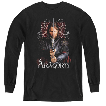 Black youth long sleeve t-shirt with Lord of the Rings Aragorn graphic