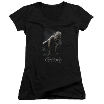 Black juniors v-neck t-shirt with Lord of the Rings Gollum graphic