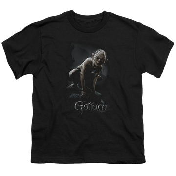 Black youth t-shirt for ages 8 to 12 with Lord of the Rings Gollum graphic