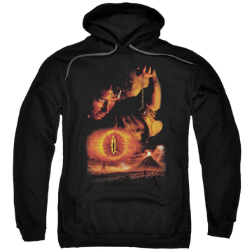 Black pullover hoodie with Lord of the Rings Destroy The Ring graphic