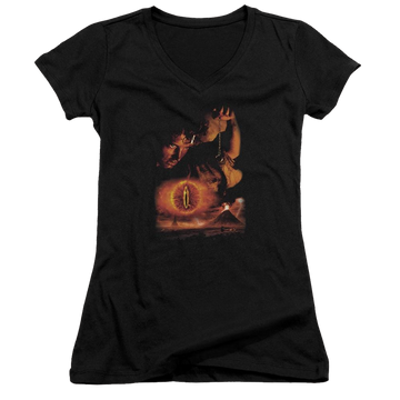 Black juniors v-neck t-shirt with Lord of the Rings Destroy The Ring graphic