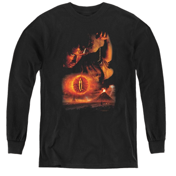 Black youth long sleeve t-shirt with Lord of the Rings Destroy The Ring graphic