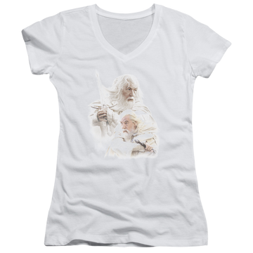 White juniors v-neck t-shirt with Lord of the Rings Gandalf The White graphic