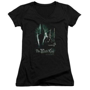 Black juniors v-neck t-shirt with Lord of the Rings Witch King graphic