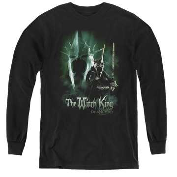 Black youth long sleeve t-shirt with Lord of the Rings Witch King graphic