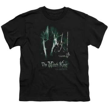 Black youth t-shirt for ages 8 to 12 with Lord of the Rings Witch King graphic
