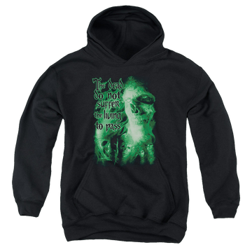 Black youth hoodie for ages 8 to 12 with Lord of the Rings King Of The Dead graphic