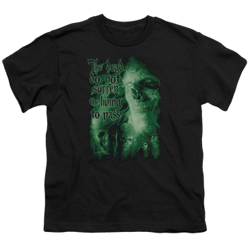 Black youth t-shirt for ages 8 to 12 with Lord of the Rings King Of The Dead graphic
