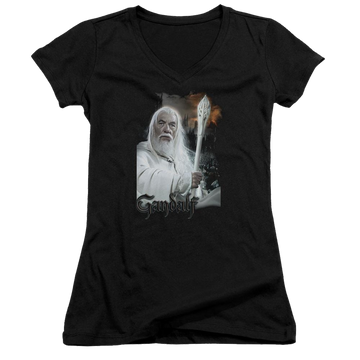 Black juniors v-neck t-shirt with Lord of the Rings Gandalf graphic