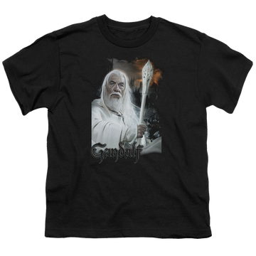 Black youth t-shirt for ages 8 to 12 with Lord of the Rings Gandalf graphic