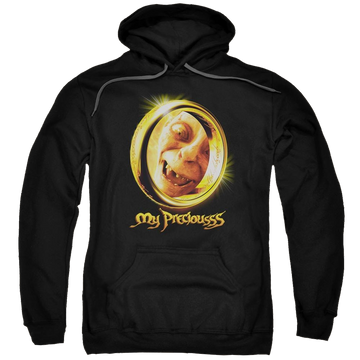 Black pullover hoodie with Lord of the Rings My Precious graphic