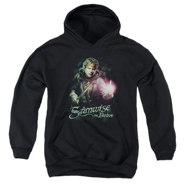 Black youth hoodie for ages 8 to 12 with Lord of the Rings Samwise The Brave graphic