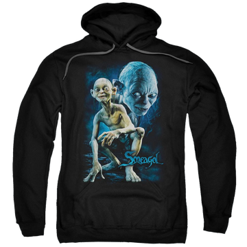 Black pullover hoodie with Lord of the Rings Smeagol graphic