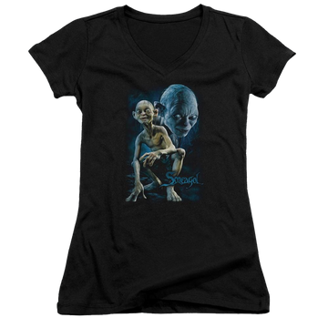 Black juniors v-neck t-shirt with Lord of the Rings Smeagol graphic