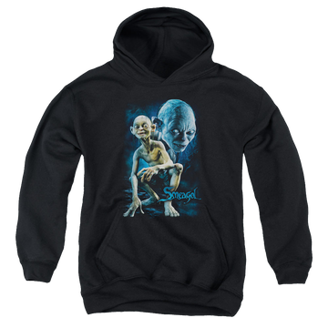 Black youth hoodie for ages 8 to 12 with Lord of the Rings Smeagol graphic