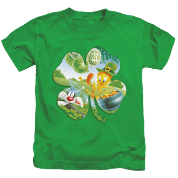 Kelly green kid's t-shirt for ages 4 to 7 with St. Patrick's Day Looney Tunes/Tweety Shamrock graphic