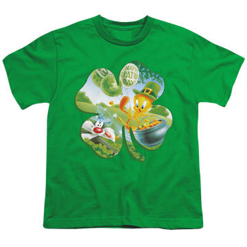 Kelly green youth t-shirt for ages 8 to 12 with St. Patrick's Day Looney Tunes/Tweety Shamrock graphic