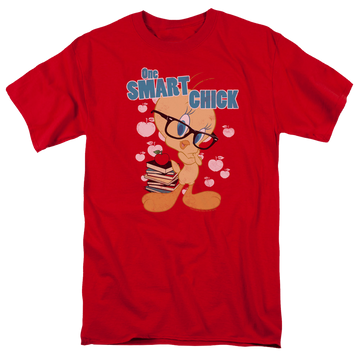 Red men's regular fit t-shirt with Looney Tunes One Smart Chick graphic