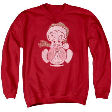 Red men's crewneck sweatshirt with Looney Tunes Tweey Globe graphic