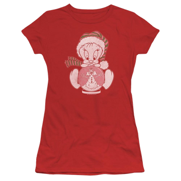 Red juniors t-shirt with Looney Tunes Tweey Globe graphic