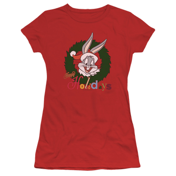 Red juniors t-shirt with Looney Tunes Holiday Bunny graphic