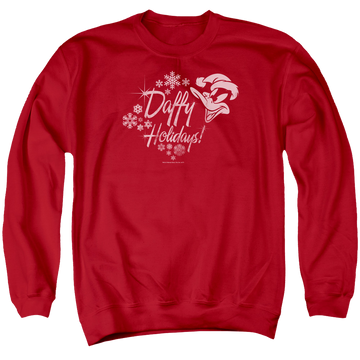 Red men's crewneck sweatshirt with Looney Tunes Daffy Holidays graphic