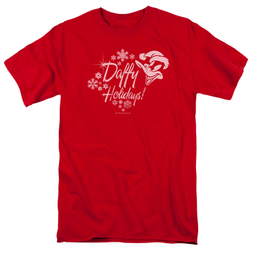 Red men's regular fit t-shirt with Looney Tunes Daffy Holidays graphic