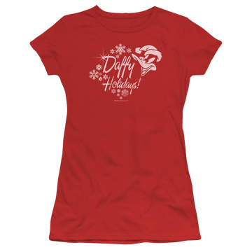 Red juniors t-shirt with Looney Tunes Daffy Holidays graphic