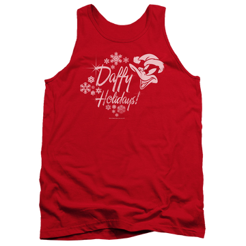 Red men's tank with Looney Tunes Daffy Holidays graphic
