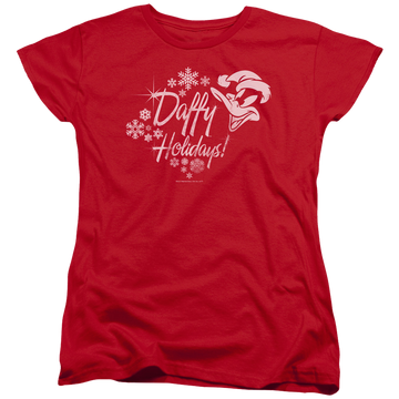 Red women's t-shirt with Looney Tunes Daffy Holidays graphic