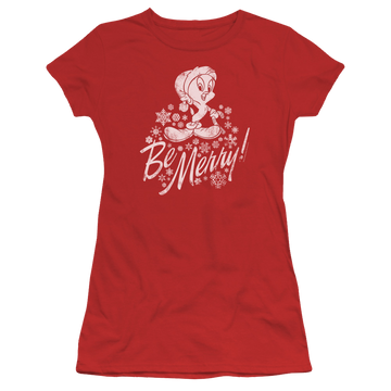 Red juniors t-shirt with Looney Tunes Merry Tweety graphic