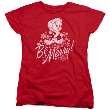 Red women's t-shirt with Looney Tunes Merry Tweety graphic