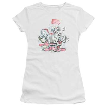 White juniors t-shirt with Looney Tunes Holiday Sketch graphic