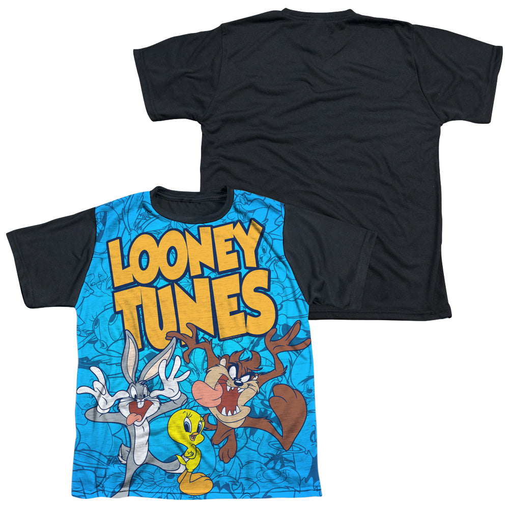 Looney Tunes Collage Of Characters - Youth Black Back T-Shirt Youth Black Back T-Shirt (Ages 8-12) Looney Tunes