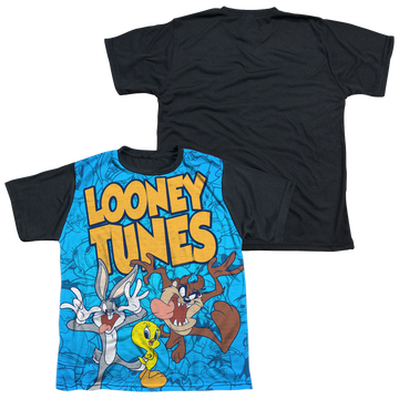 Looney Tunes Collage Of Characters youth black back t-shirt for ages 8 to 12