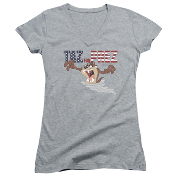 Athletic heather juniors v-neck t-shirt with Looney Tunes Taz For Prez 3 graphic