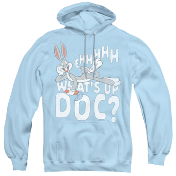 Light blue pullover hoodie with Looney Tunes Whats Up graphic
