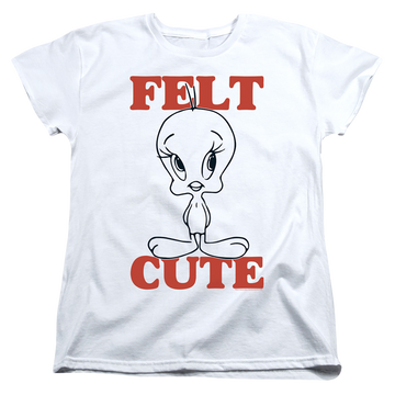 White women's t-shirt with Looney Tunes Felt Cute graphic
