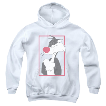 White youth hoodie for ages 8 to 12 with Looney Tunes Sylvester graphic
